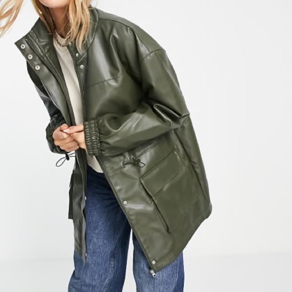 Faux leather army green jacket